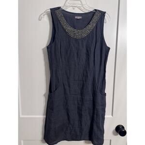 Lina Tomei Linen Shift Dress-Sleeveless-Beaded Neckline Collar Sz S LagenLook